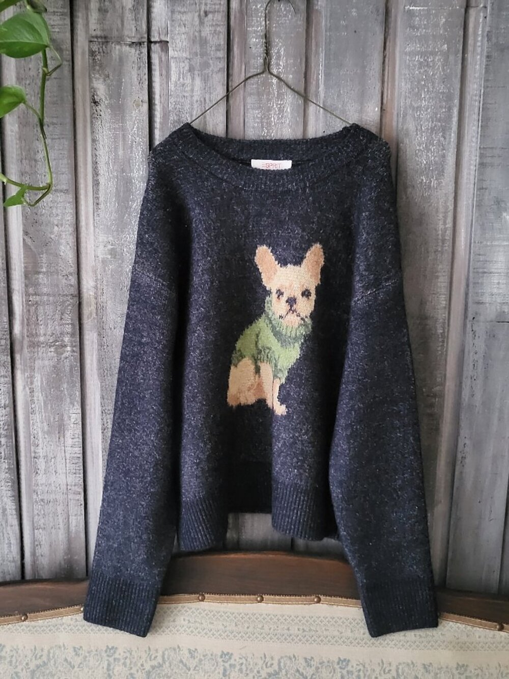 Esprit French Bulldog Knit Sweater Blue Medium NWOT